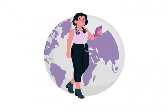 Ilustración de mujer caminando con el mundo atrás