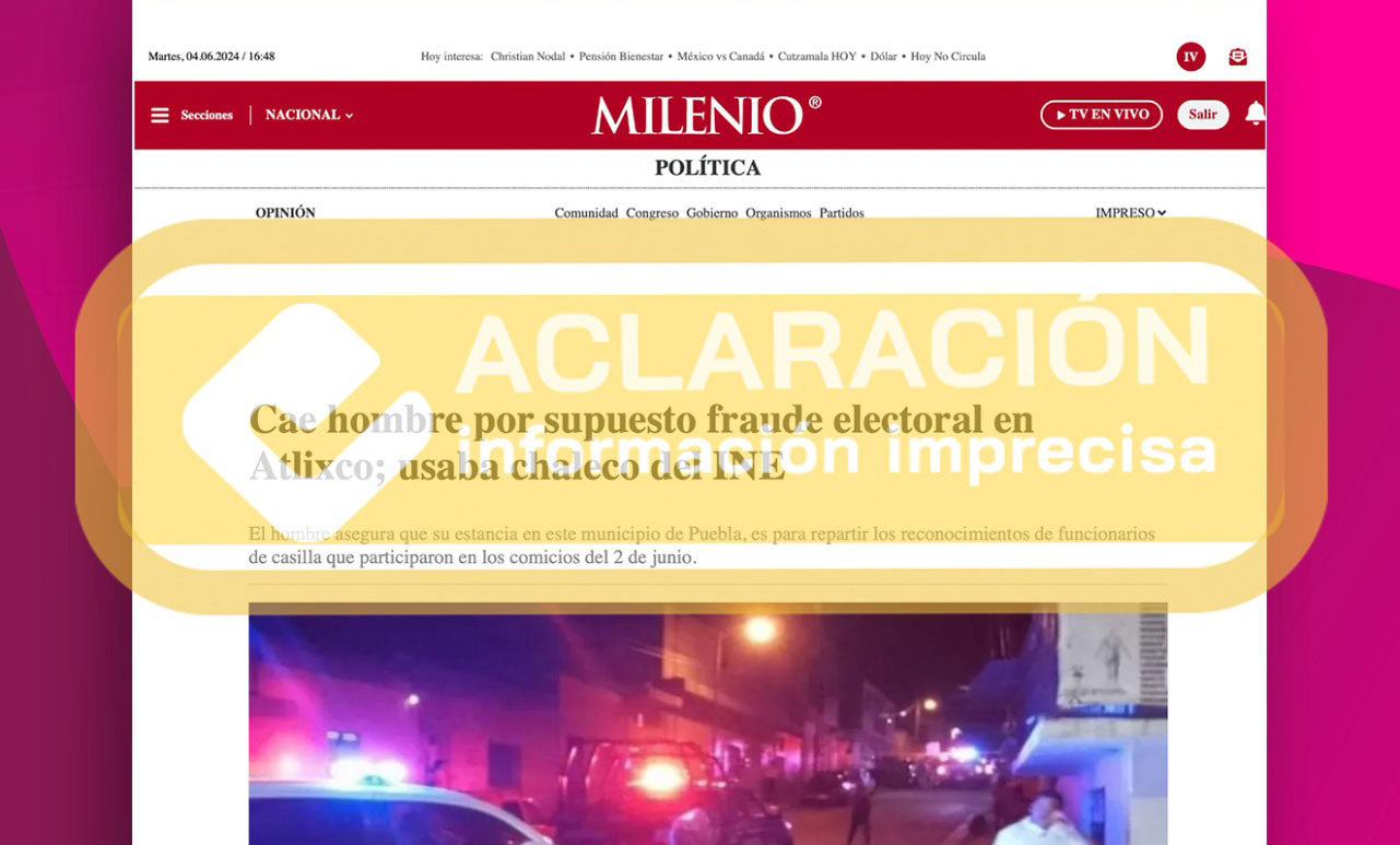 Captura de pantalla de la publicación de Milenio con el sello "falso".
