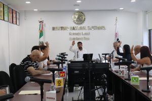 Integrantes del INE Quintana Roo sentados durante sesión de trabajo