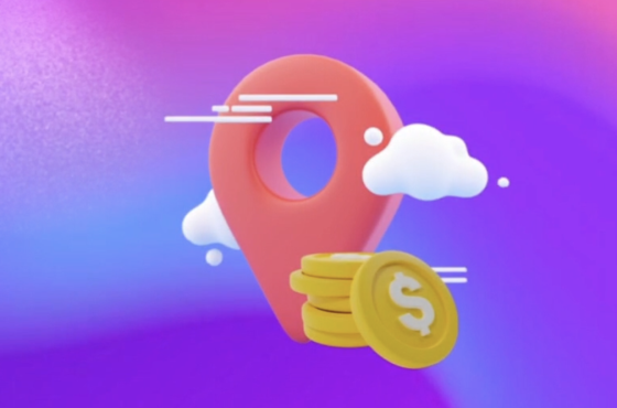 Icono de localización con monedas en un fondo morado