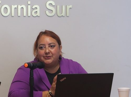 Mujer de cabello rojizo hablando a micrófono sobre mesa