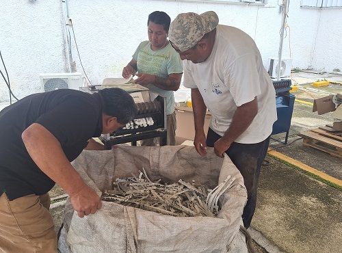 Tres personas destruyendo los Listados Nominales y colocándolos en un costal para reciclaje.
