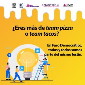 cartel con fondo amarillo y muñecos color azul alrededor de un foco