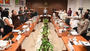 Integrantes del INE de pie durante sesión, algunos de ellos extendiendo su brazo derecho