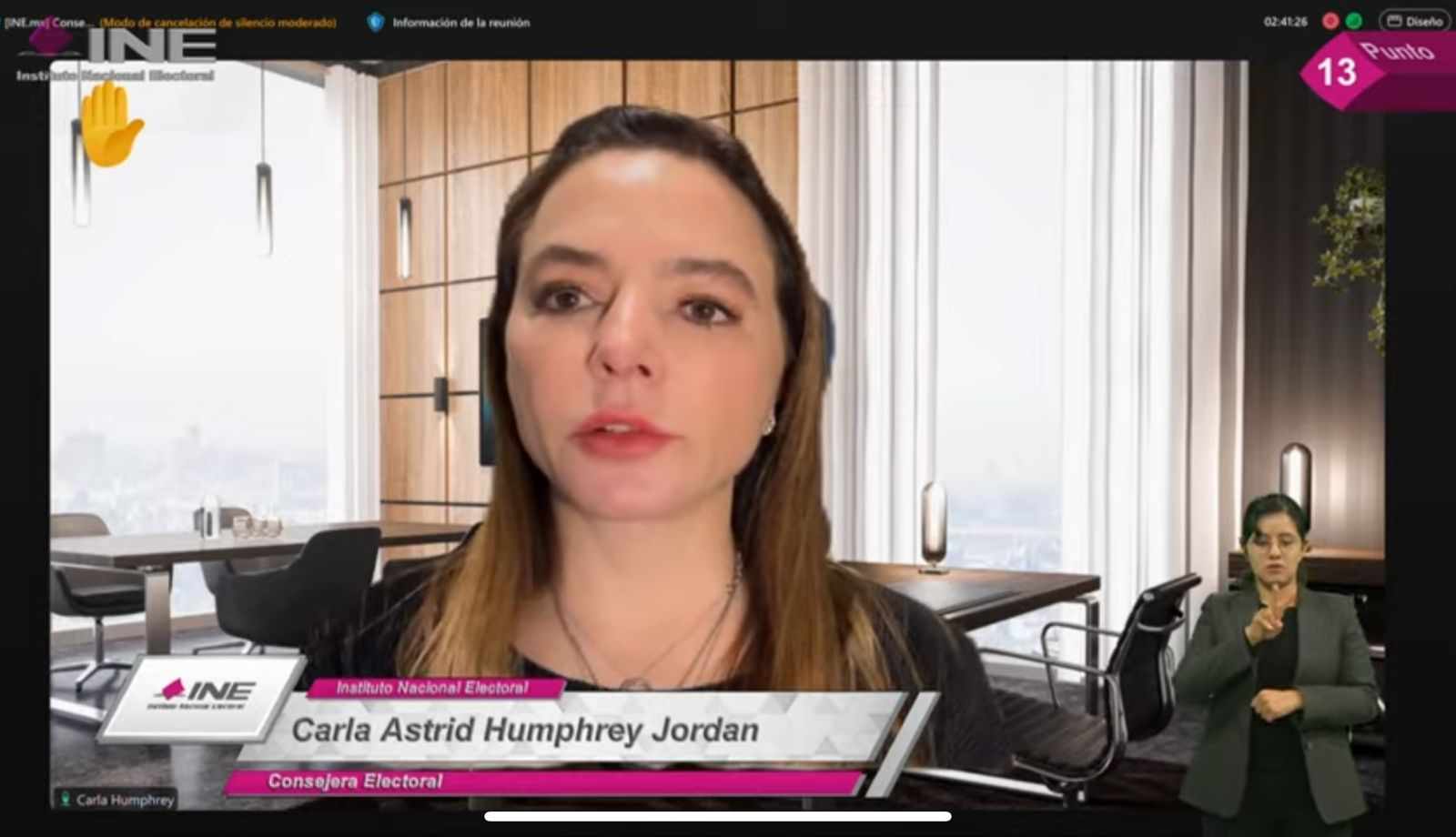 Imagen de Carla Humphrey en su participación de la sesión virtual del consejo general