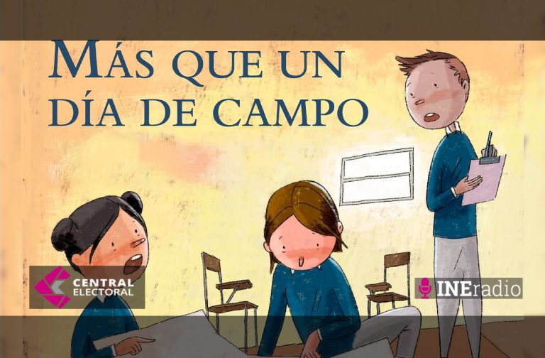 Portada del audiocuento "Más que un día de campo". Es el dibujo de dos niñas y un niño que dialogan en un salón de clases.