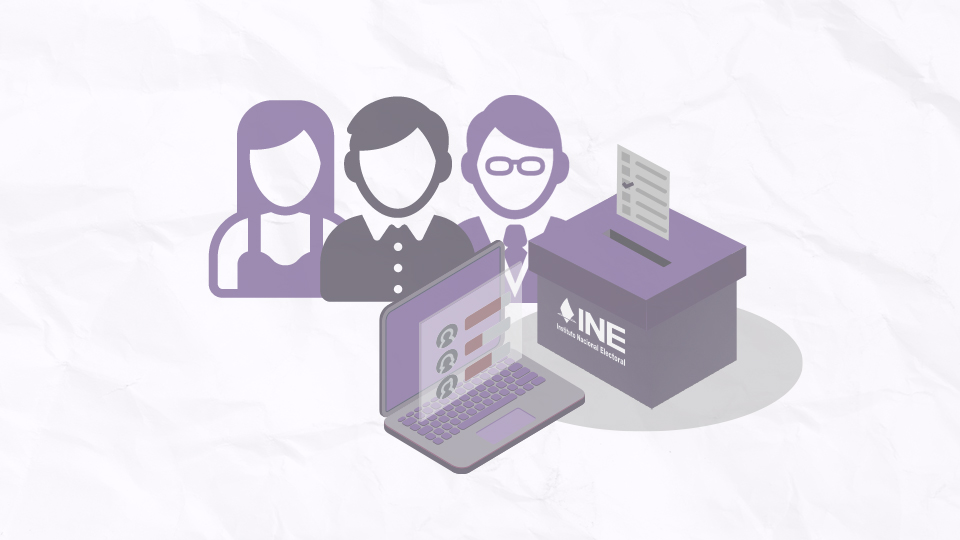 Silueta de tres personas frente a una computadora y una urna electoral.