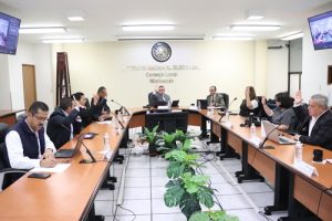 mujeres y hombres votando a mano alzada en Consejo Local del INE en Michoacán