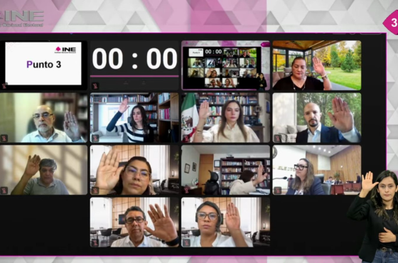 Sesión virtual del Consejo General, consejeras y consejeros alzando la mano por videollamada