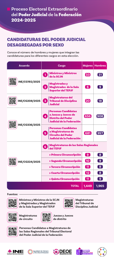 Tabla de candidaturas desagregadas por sexo con fondo rosa y ligas a diferentes puestos
