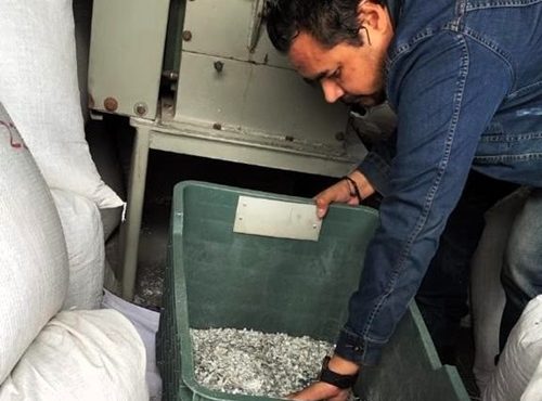 Una persona levantando una caja de plástico con pedacería de las credenciales