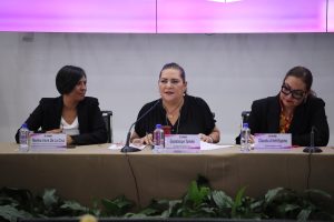 Consejera Presidenta Guadalupe Taddei acompañada de consejerías del INE, presentando el sitio "Conóceles, Practica y Ubica" a medios de comunicación