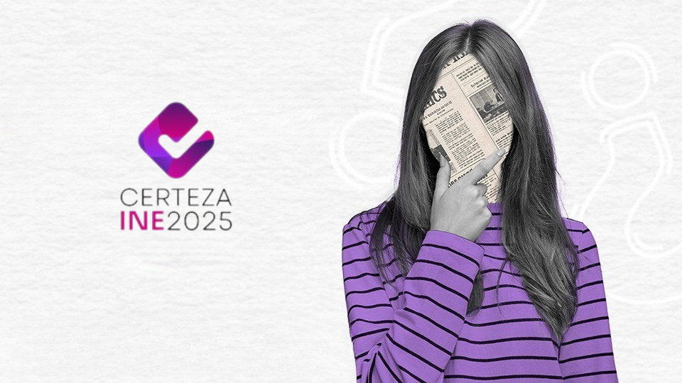 Ilustración de una mujer el rostro cubierto con periódico mostrándose pensativa.