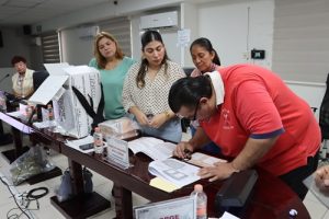 Varias personas observando los elementos de seguridad de la boleta electoral