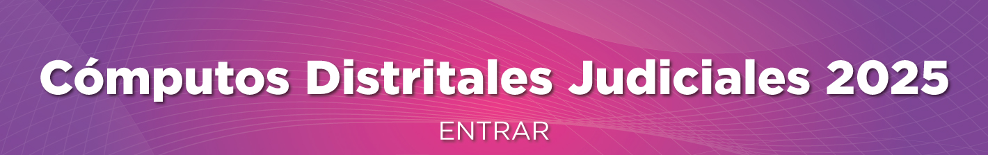 Banner Cómputos Distritales Judiciales 2025 EN COLORES ROSA CON MORADO Y LETRA BLANCA