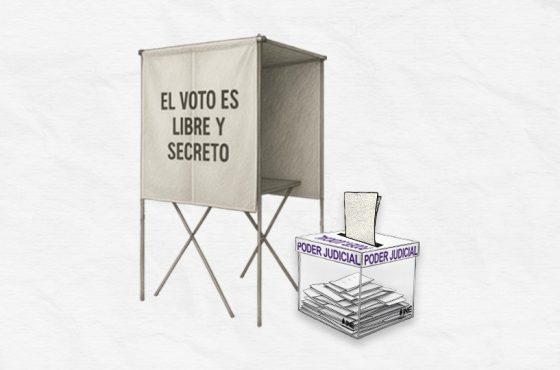 Ilustración de una mampara de votación y una urna de votación.
