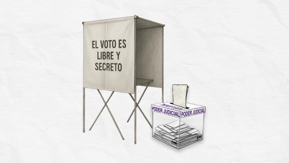 Ilustración de una mampara de votación y una urna de votación.