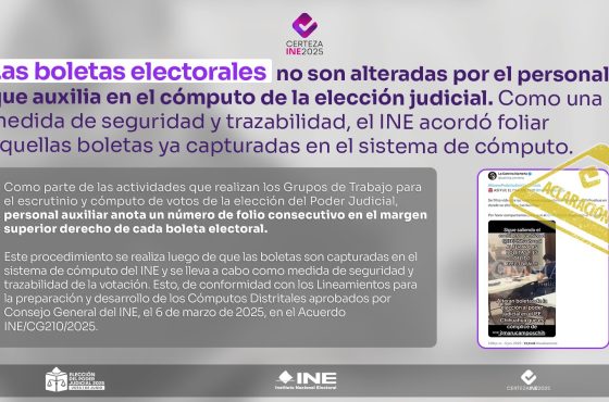 La imagen es un cartel informativo del Instituto Nacional Electoral (INE) de México, relacionado con la elección del Poder Judicial 2025. Tiene un diseño moderno con fondo gris claro y texto en tonos morado y negro. La imagen ilustra como ejemplo uno de los desmentidos publicados durante la elección. A la derecha de la imagen, se incluye una captura de pantalla de una publicación en redes sociales con una advertencia amarilla tipo sello que dice “Aclaración”. La publicación muestra una acusación falsa sobre alteración de boletas, la cual el cartel del INE desmiente. En la parte inferior del cartel están los logotipos del INE, la campaña “Certeza INE 2025” y el emblema de la elección del Poder Judicial 2025.