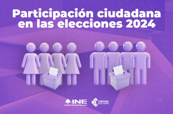 Imagen con fondo morado y texto: “Participación ciudadana en las elecciones 2024”.