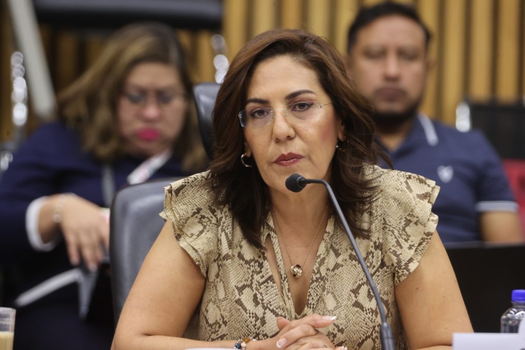 Claudia Zavala Pérez, Consejera Electoral, sentada 6 lugares hacia la izquierda del centro de la mesa en forma de herradura.