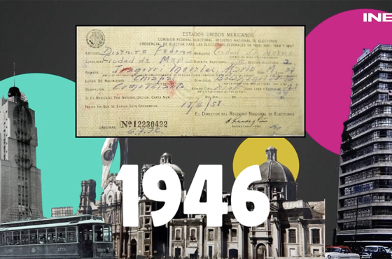 Papeleta de votación de 1946, con diferentes edificaciones al fondo