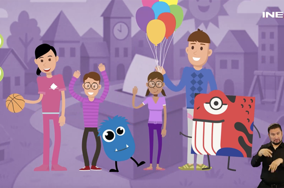 Ilustración de niñas, niños y adolescentes con figuras del logo de la consulta infantil y Juvenil