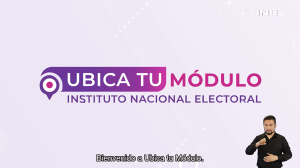 Letrero en colores morado y rosa con la frase Ubica tu Módulo e interprete