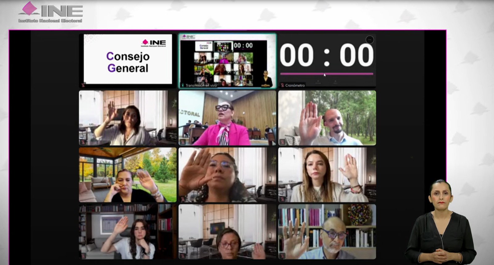 Pantalla con recuadros de las personas Consejeras Electorales participando en la Sesión.