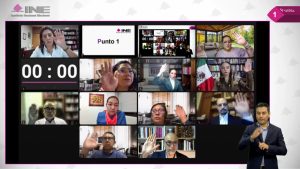 Pantalla con recuadros de las personas Consejeras Electorales participando en la Sesión.