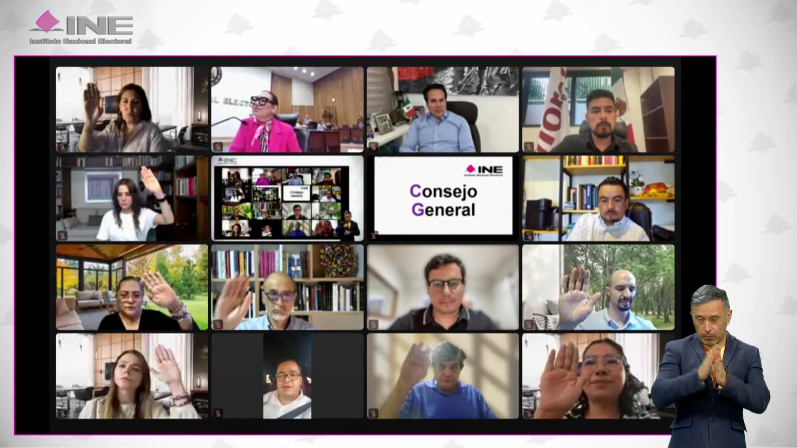 Pantalla con recuadros de las personas Consejeras Electorales y representantes de partidos políticos participando en la Sesión.