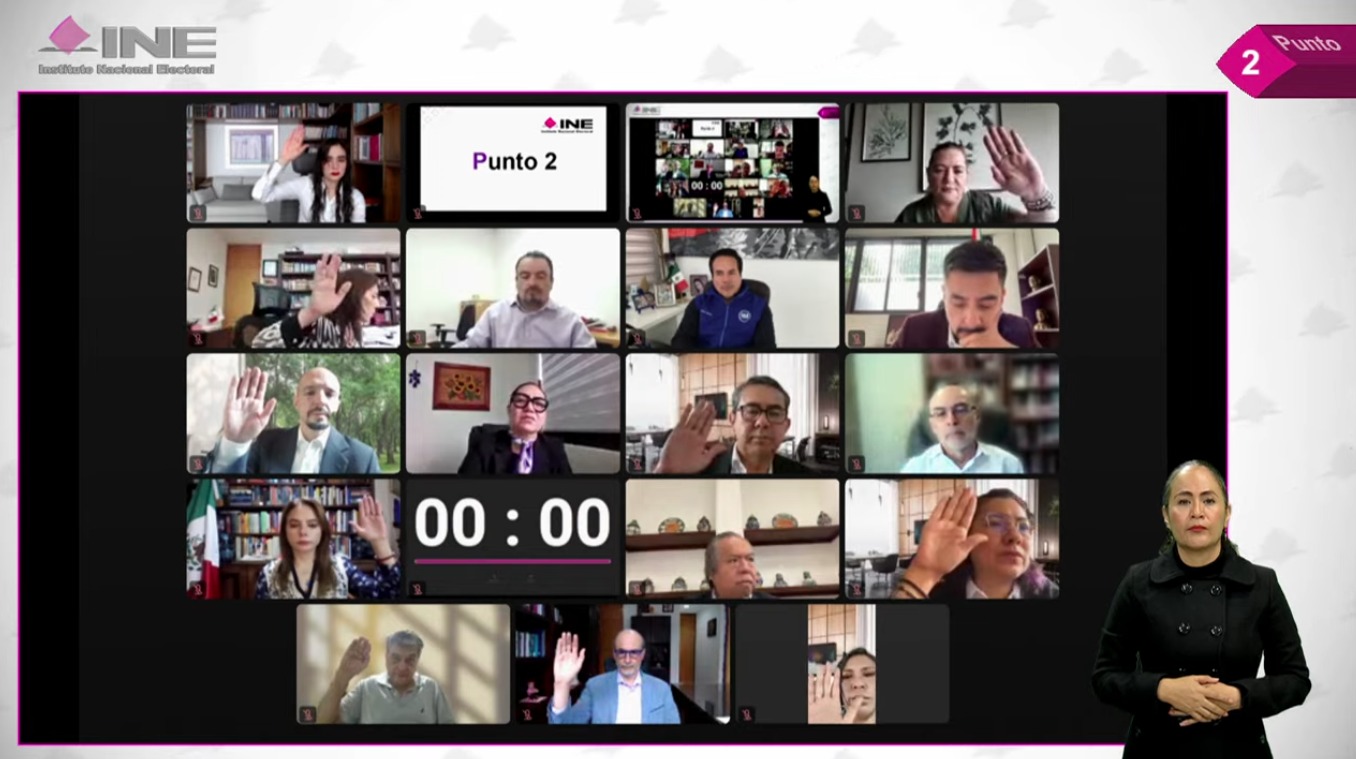 Pantalla con recuadros de las personas Consejeras Electorales y representes de los partidos políticos, participando en la Sesión.