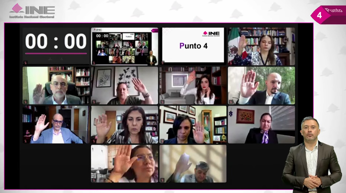 Pantalla con recuadros de las personas Consejeras Electorales participando en la Sesión.