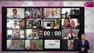 Pantalla con recuadros de las personas Consejeras Electorales participando en la Sesión.