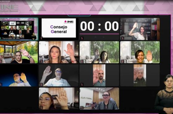 Pantalla con recuadros de las personas Consejeras Electorales participando en la Sesión.