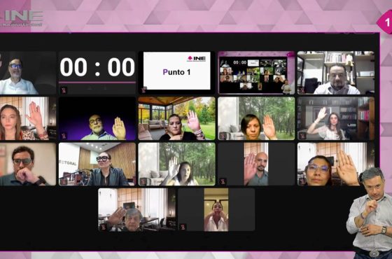 Pantalla con recuadros de las personas Consejeras Electorales y los representantes de partidos participando en la Sesión.