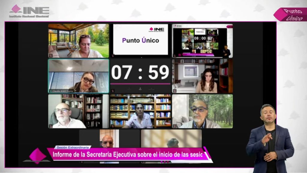 Pantalla con recuadros de las personas Consejeras Electorales participando en la Sesión.