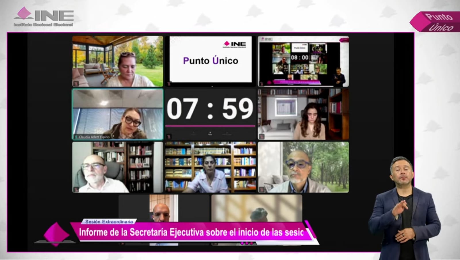 Pantalla con recuadros de las personas Consejeras Electorales participando en la Sesión.