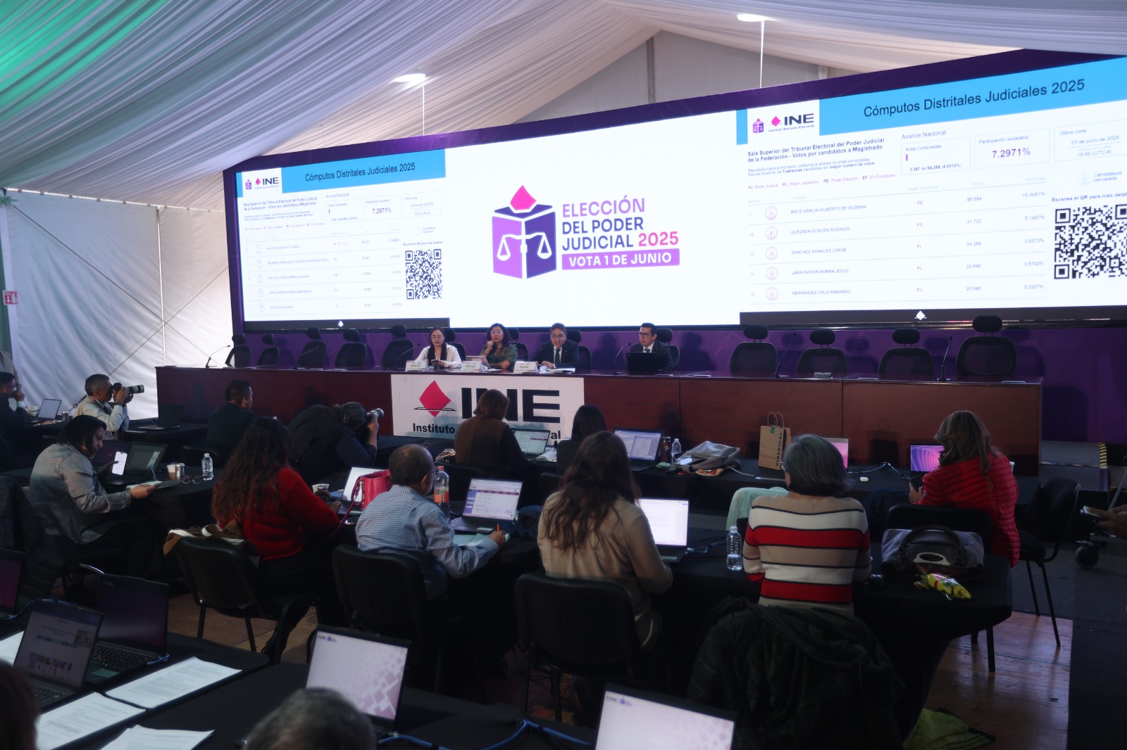 Participantes de la conferencia sentados en el estrado de la Macrosala de prensa.