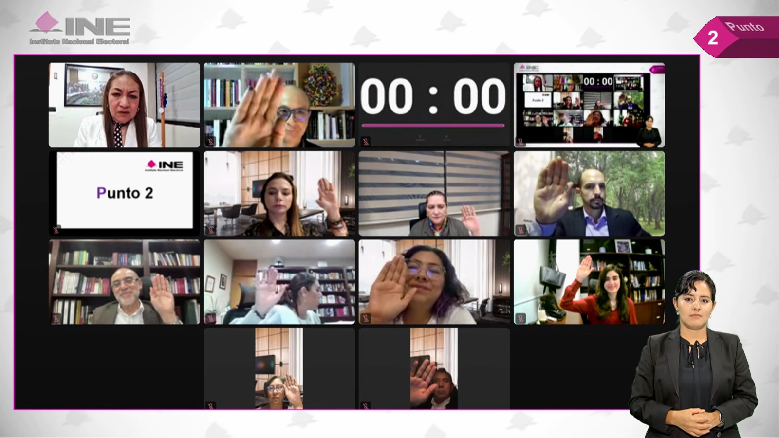 Pantalla con recuadros de las personas Consejeras Electorales participando en la Sesión.