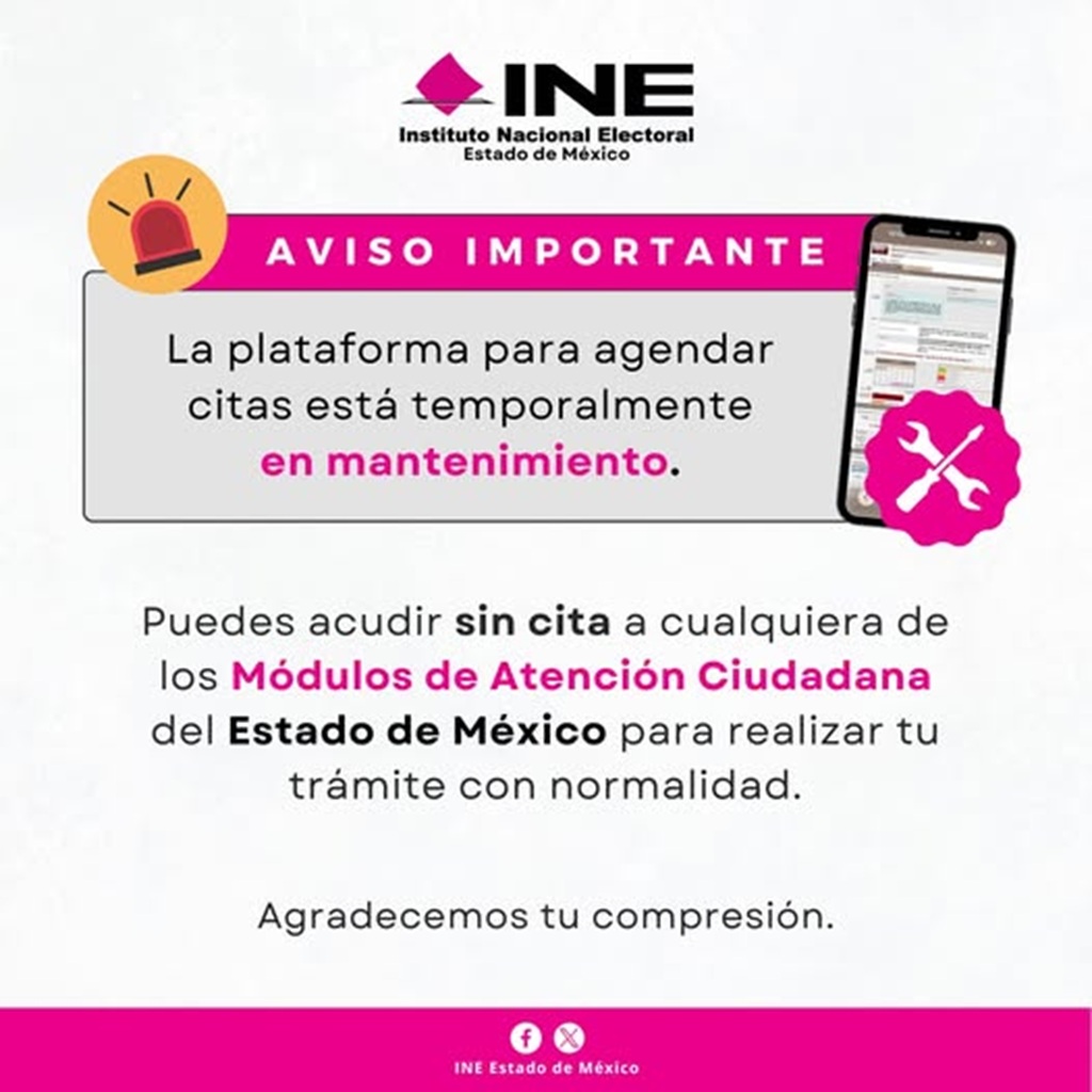 cartel que informa que el sistema de citas del INE se encuentra en mantenimiento