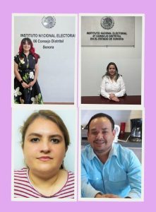 un cuadro con fondo color lila con la foto individual de tres mujeres y un hombre